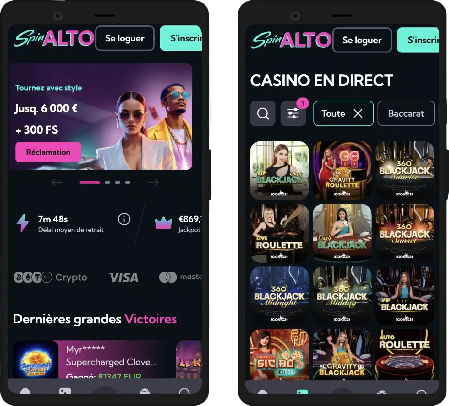 Interface de la version mobile optimisée de Spinalto Casino