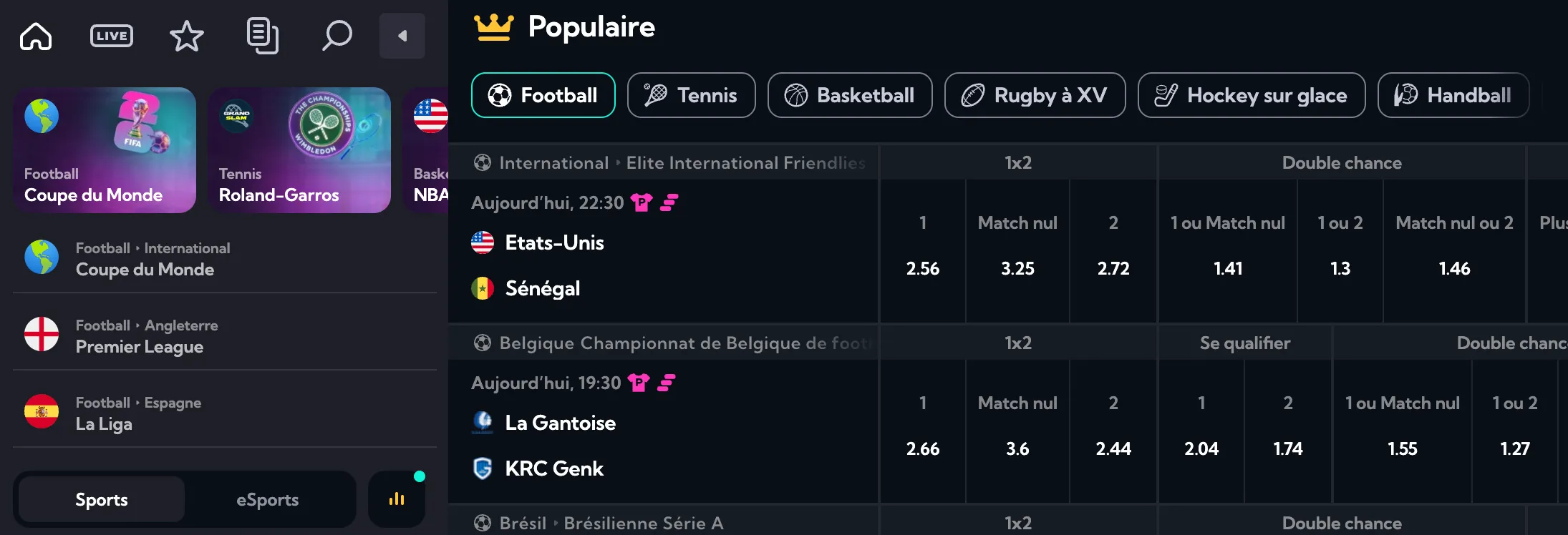 Section de paris sportifs en ligne et cotes sur Spinalto Casino